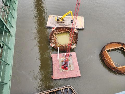 View from Delaware Memorial Bridge of construction on the 80 foot in diameter dolphins March 2024