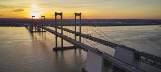 Delaware Memorial Bridge at sunset, seen from Drone view