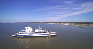 Aerial of Ferry heading to Lewes, Delaware